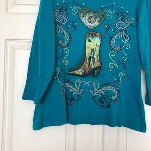 Teal Long Sleeve Shirt with Boot and Heart Design